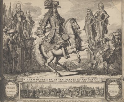 Willem III als Prins van Oranje, met de vier voorgaande Stadhouders, Willem I, Maurits,... door Romeyn de Hooghe