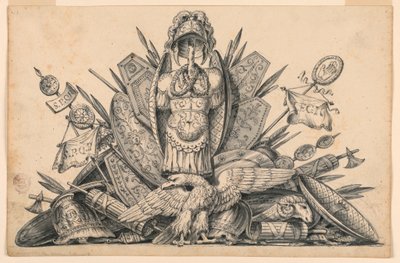 Tekening, Een trofee van wapens bedoeld om te worden uitgevoerd in schilderijen, 1830-1850 door Romolo Achille Liverani