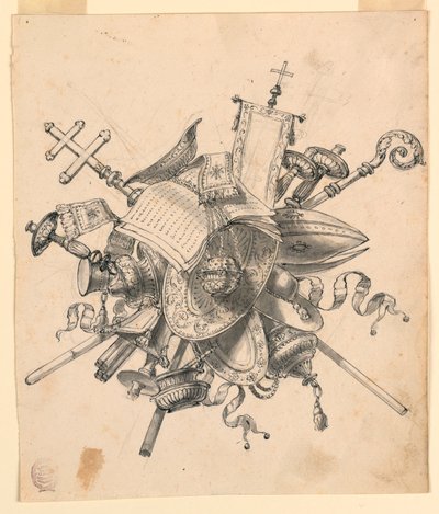Tekening, Trofee met kerkelijke voorwerpen, 1830-1850 door Romolo Achille Liverani
