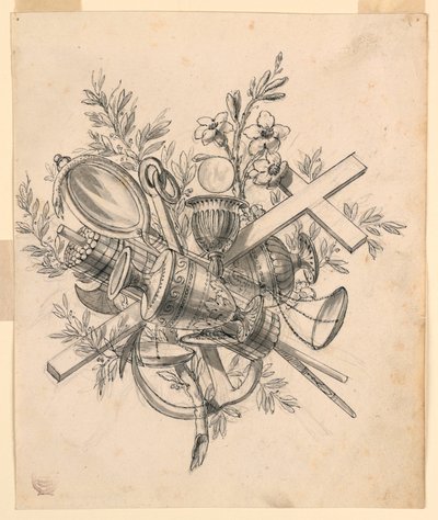 Tekening, Trofee met symbolen van de Deugden, 1830-1850 door Romolo Achille Liverani