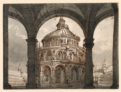 Toneelontwerp, atrium met de tempel van de Hospitaalridders voor de opera "La Straniera" van Vincenzo Bellini door Romolo Achille Liverani