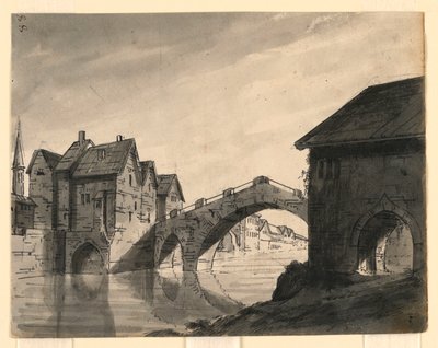 Toneelontwerp, brug over rivier in een stad door Romolo Achille Liverani
