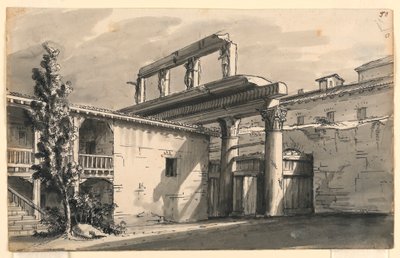 Toneelontwerp, Hof tussen ruïnes door Romolo Achille Liverani