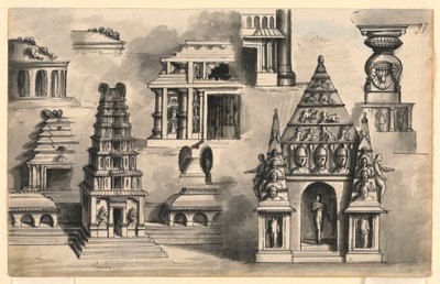 Toneelontwerp, details van Indiase tempels door Romolo Achille Liverani