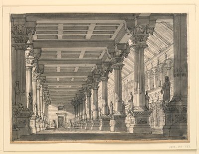 Toneelontwerp, Hal in een Babylonisch Paleis voor de Opera "Ciro in Babylonia" door Gioacchino Rossini door Romolo Achille Liverani
