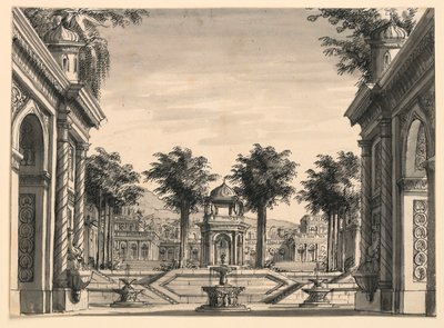 Toneelontwerp, Indisch Paleistuin voor het Ballet "Genghis Khan" door Luigi Henry door Romolo Achille Liverani