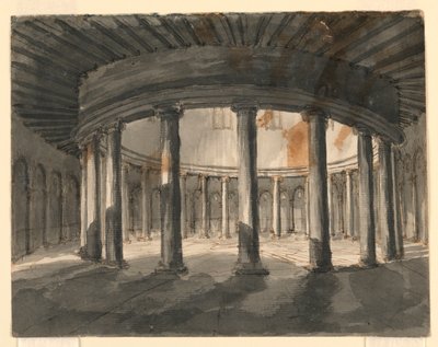 Toneelontwerp, interieur van rond gebouw door Romolo Achille Liverani