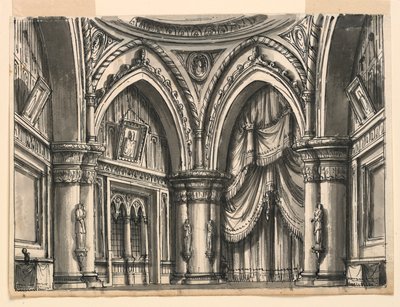 Toneelontwerp, Interieur van Hoge Gotische Hal met Spitsbogen door Romolo Achille Liverani