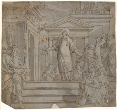 De heilige Laurentius geeft de schatten van de kerk aan de armen door Romulo Cincinnato