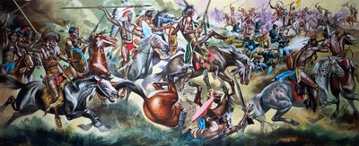 Strijd tussen indianen en soldaten (gouache op papier) door Ron Embleton