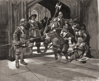 Kolonel Pride die bepaalde leden van het Lagerhuis de toegang weigert (gouache op papier) door Ron Embleton