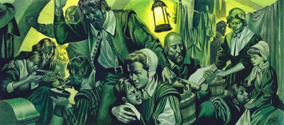 Drukke omstandigheden op de Mayflower (gouache op papier) door Ron Embleton