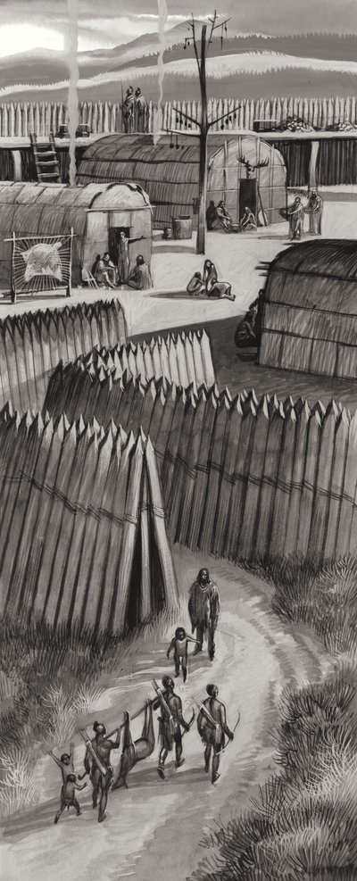 Versterkt Huron dorp (gouache op papier) door Ron Embleton