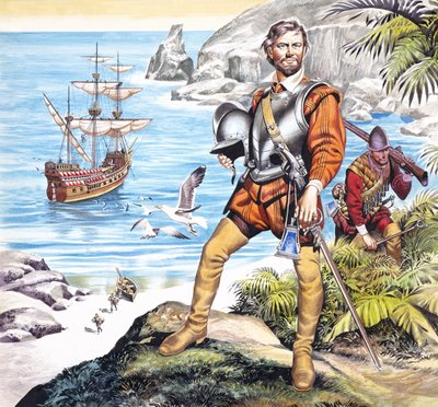 Francis Drake en de Gouden Hinde (gouache op papier) door Ron Embleton
