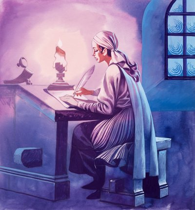 Meisje dat een brief schrijft (gouache op papier) door Ron Embleton