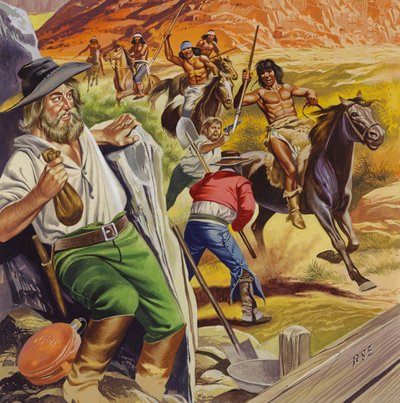 Jacob Waltz en zijn vriend worden aangevallen door Apache Indianen (gouache op papier) door Ron Embleton