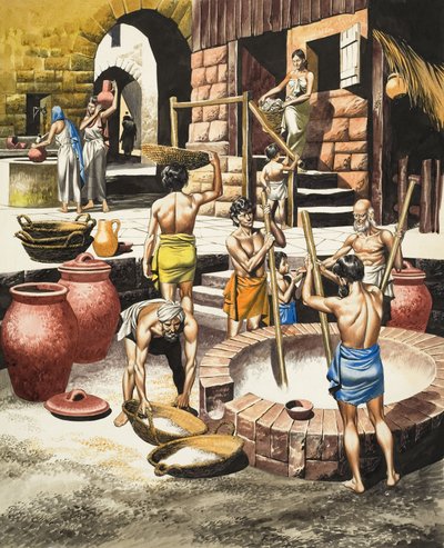 Leven in de Indusvallei tussen 2500 voor Christus en 1600 voor Christus (gouache op papier) door Ron Embleton