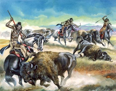 Indianen doden Amerikaanse bizon (gouache op papier) door Ron Embleton
