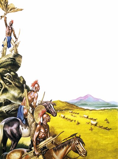 Rode Indianen observeren een wagentrein naar het westen door Ron Embleton