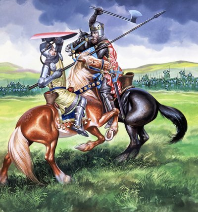 Robert the Bruce, koning van Schotland, op het punt Sir Henry de Bohum te doden (gouache op papier) door Ron Embleton