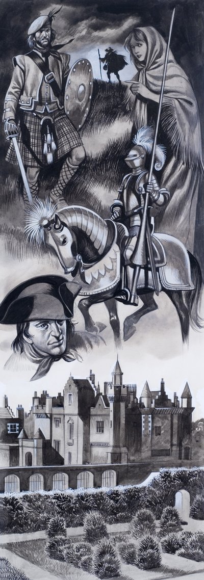 Schots kasteel en persoonlijkheden uit de Schotse geschiedenis (gouache op papier) door Ron Embleton