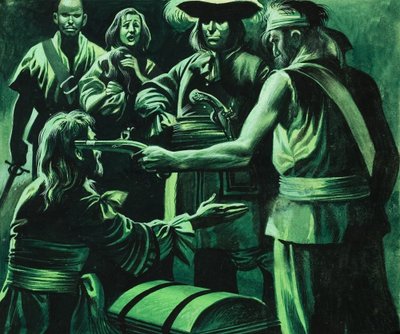 Sir Henry Morgan en schatkist (gouache op papier) door Ron Embleton