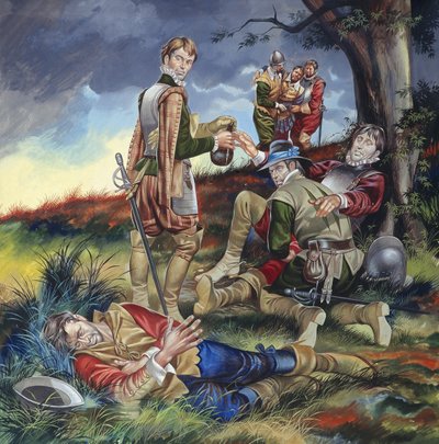 Sir Philip Sidney (1554-86) bij De Slag om Zutphen (gouache op papier) door Ron Embleton