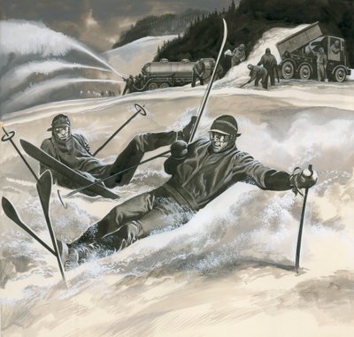 Skiërs en sneeuwmachines door Ron Embleton
