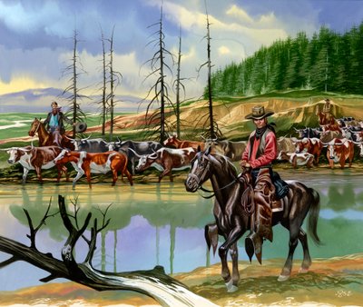 Texaanse cowboys drijven vee naar het noorden door Ron Embleton
