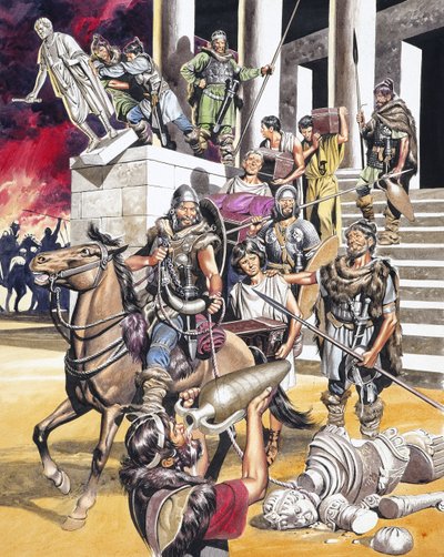 De val van het Romeinse Rijk in het Westen (gouache op papier) door Ron Embleton