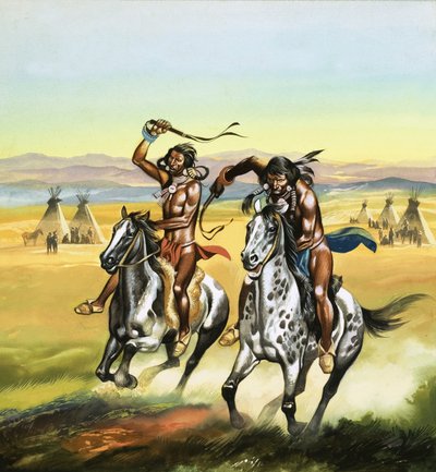 Ongeïdentificeerde Indianen die hun paarden geselen op door Ron Embleton