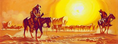 Karrenspoor in de zinderende hitte (gouache op papier) door Ron Embleton