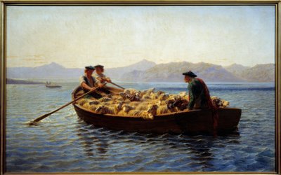 Verandering van grazen. Herders brengen de kudde schapen naar de andere oever. Schilderij door Rosa Bonheur (1822-1899) door Rosa Bonheur