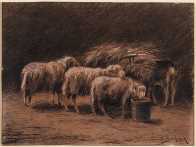 Een paar schapen en een ram in een stal door Rosa Bonheur