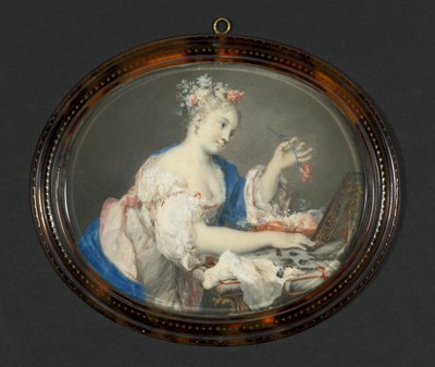 Een Vrouw die Bloemen in Haar Haar Steekt, ca. 1710 door Rosalba Carriera