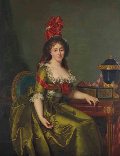 Portret van een dame, in een groene satijnen jurk en een hoed met rode linten door Rose Adelaide Ducreux
