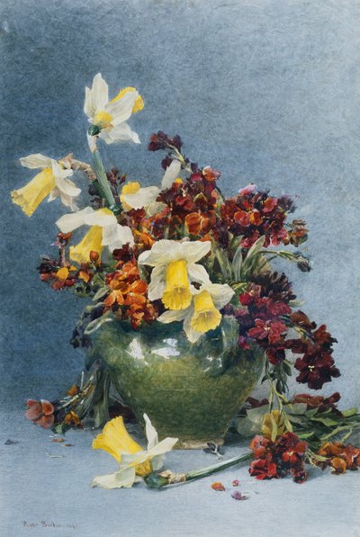 Narcissen en muurbloemen in een groene vaas, 1890 door Rose Maynard Barton