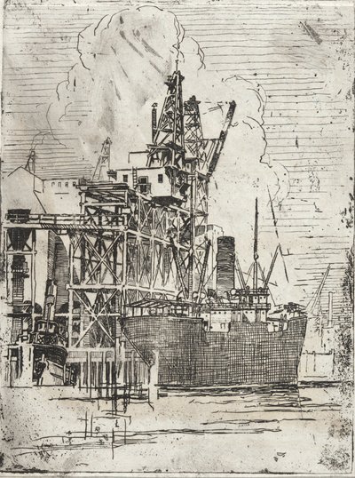 Vrachtschip aan de pier door Roswell Morse Shurtleff