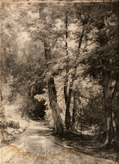 Fotogravure van een schilderij van een boslandschap door Roswell Morse Shurtleff