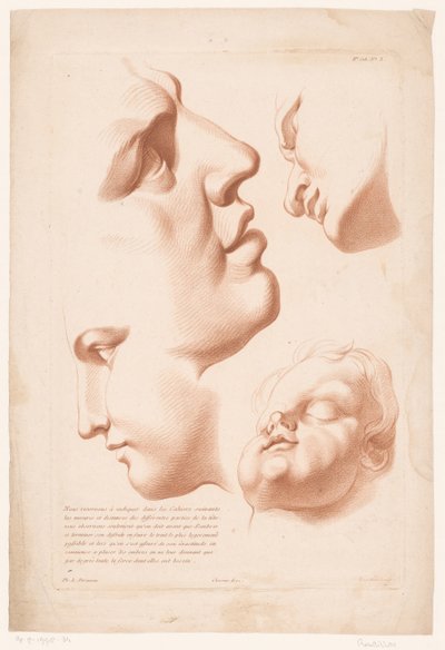 Koppen van man, vrouw en kind, Principes van het tekenen naar de natuur, deel twee door Louis François Roubillac