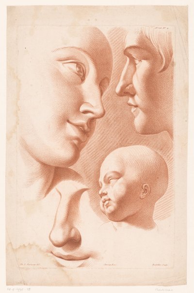 Koppen van vrouw, man en kind, Principes van het tekenen naar de natuur, deel twee door Louis François Roubillac