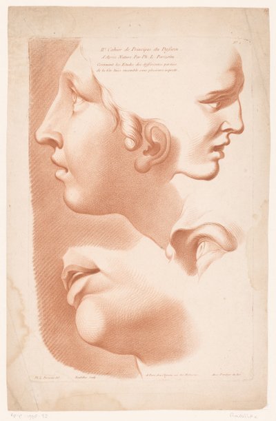 Titelprent met twee vrouwengezichten, mond en oog door Louis François Roubillac
