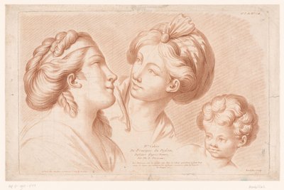 Titelprent met twee vrouwenhoofden en een kinderhoofd door Louis François Roubillac