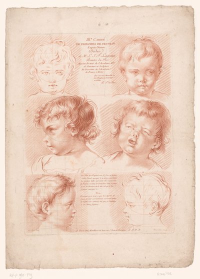 Titelprent met zes kinderhoofden, waarvan twee in schematische weergave door Louis François Roubillac