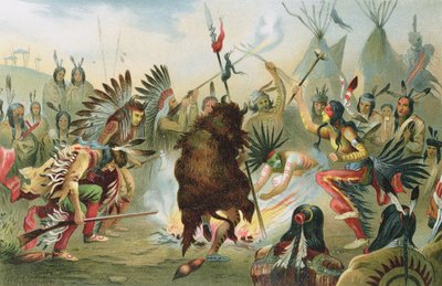 Oorlogsdans van de Sioux, uit The History of Mankind door Prof. Friedrich Ratzel, uitgegeven in 1904 door Rudolf Cronau