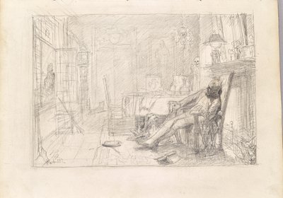 Man in leunstoel en dood door deur door Rudolf Hausleithner