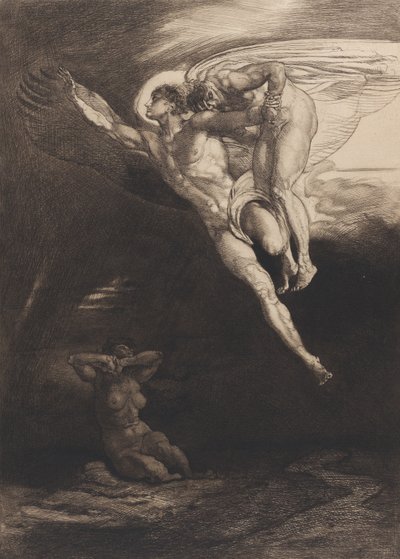 Lucifer draagt Kaïn omhoog in de eindige ruimte, uit Acht etsen over Byron