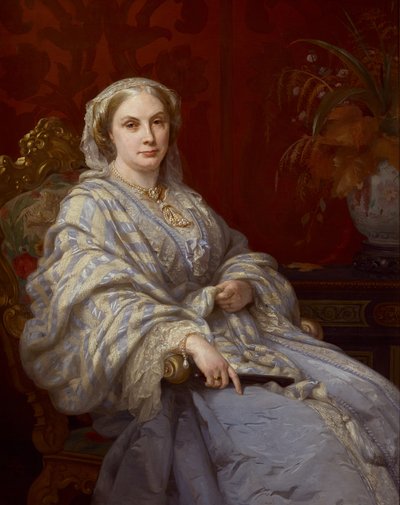 Portret van Louisa, vrouw van Algernon, 6e hertog van Northumberland, driekwart lengte, gekleed in een blauwe jurk en blauw-wit gestreepte sjaal door Rudolf Lehmann