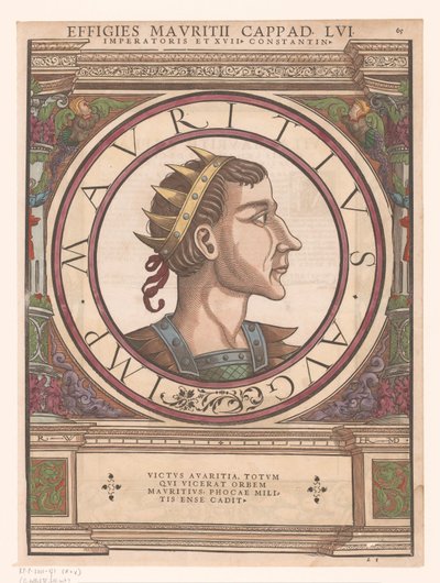 Portret van Mauritius Cappadocius in architectonische omlijsting door Rudolf Wyssenbach