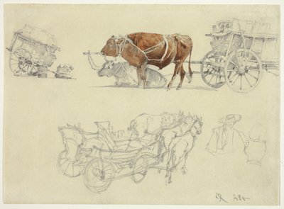 Studies van Slowaakse boerenwagens met ossen en paarden door Rudolf von Alt